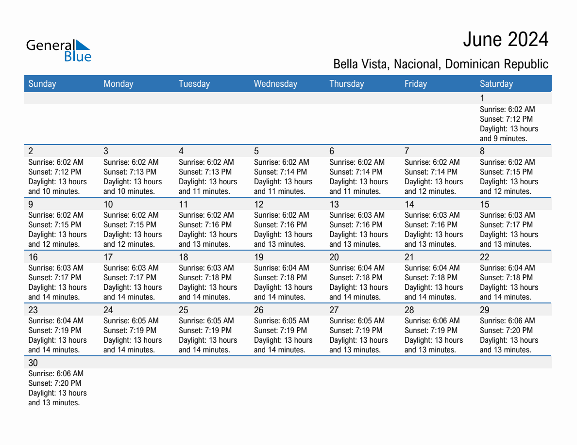 June 2024 Sunrise and Sunset Calendar for Bella Vista (PDF Excel Word)