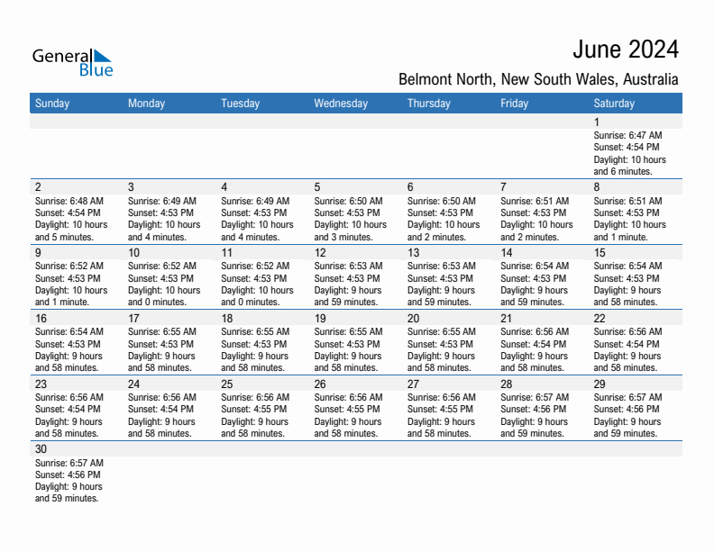 Belmont North June 2024 sunrise and sunset calendar in PDF, Excel, and Word