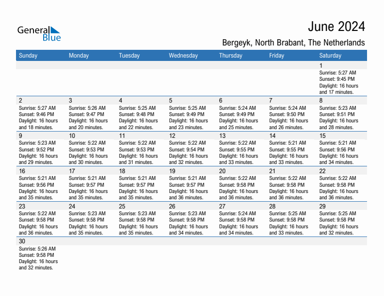Bergeyk June 2024 sunrise and sunset calendar in PDF, Excel, and Word