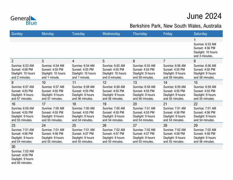 Berkshire Park June 2024 sunrise and sunset calendar in PDF, Excel, and Word