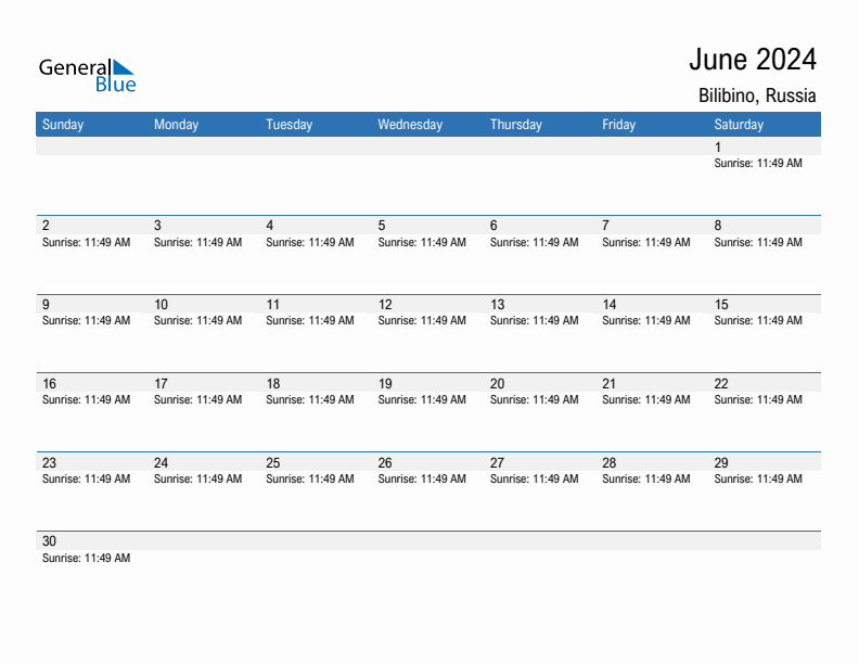 Bilibino June 2024 sunrise and sunset calendar in PDF, Excel, and Word