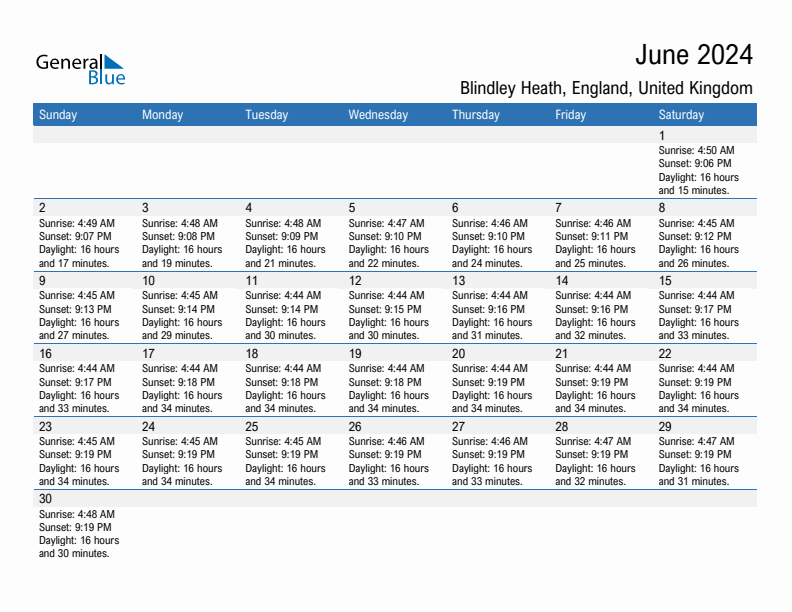 Blindley Heath June 2024 sunrise and sunset calendar in PDF, Excel, and Word