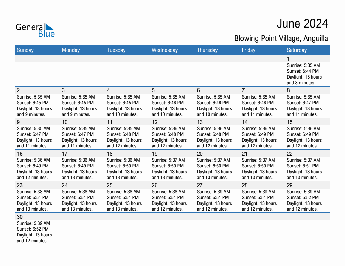 June 2024 sunrise and sunset calendar for Blowing Point Village
