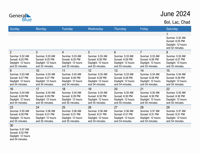 Bol June 2024 sunrise and sunset calendar in PDF, Excel, and Word