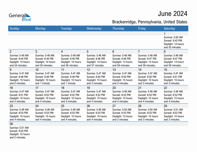 Brackenridge June 2024 sunrise and sunset calendar in PDF, Excel, and Word