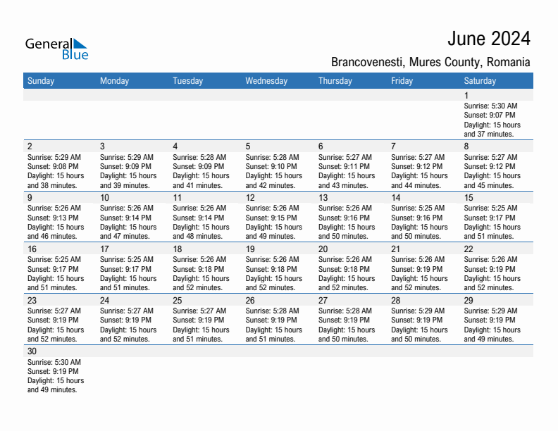 Brancovenesti June 2024 sunrise and sunset calendar in PDF, Excel, and Word