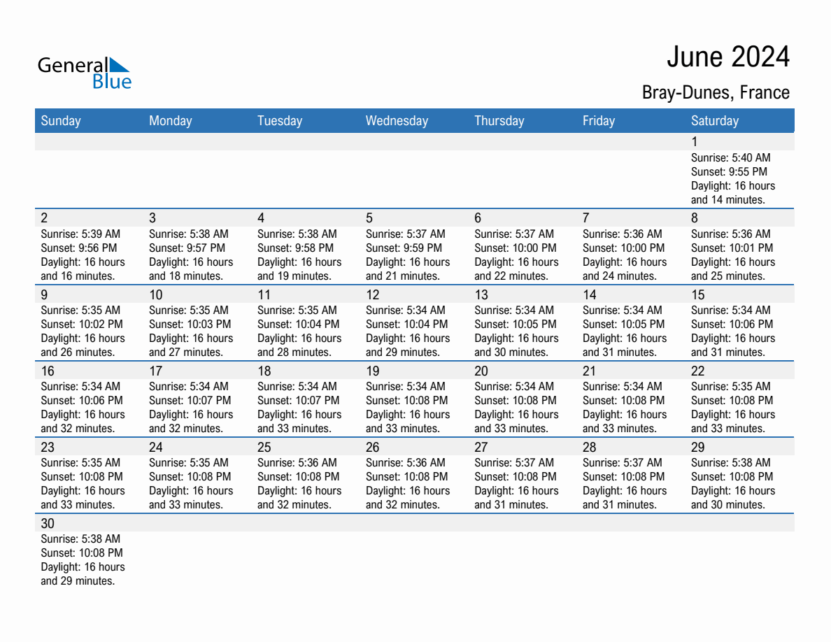 June 2024 Sunrise and Sunset Calendar for BrayDunes (PDF, Excel, Word)