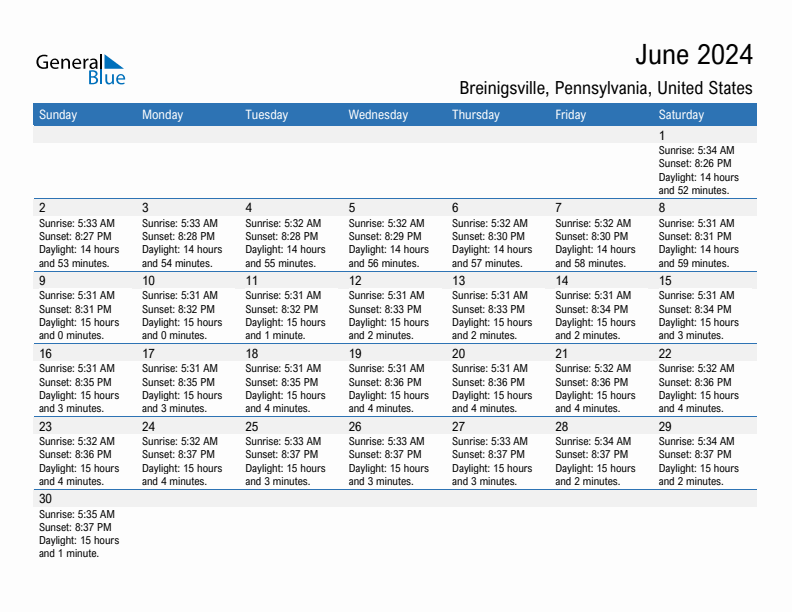 Breinigsville June 2024 sunrise and sunset calendar in PDF, Excel, and Word