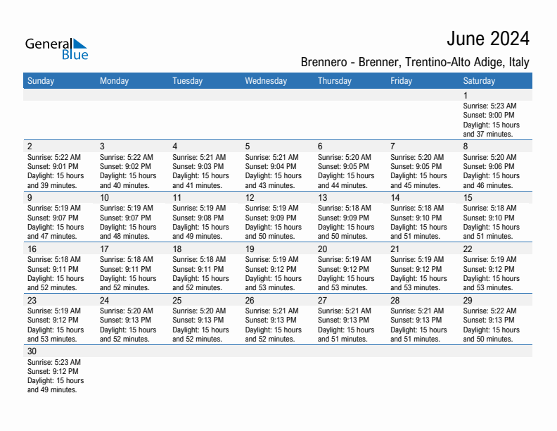 Brennero - Brenner June 2024 sunrise and sunset calendar in PDF, Excel, and Word