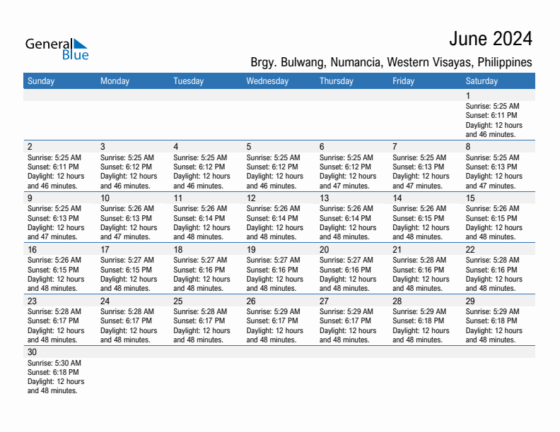 Brgy. Bulwang, Numancia June 2024 sunrise and sunset calendar in PDF, Excel, and Word