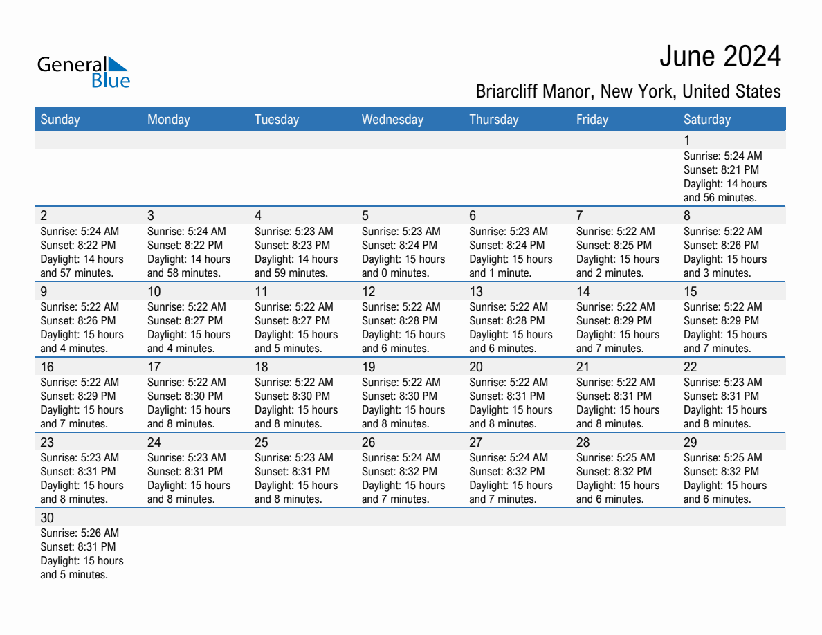 June 2024 Sunrise and Sunset Calendar for Briarcliff Manor (PDF, Excel