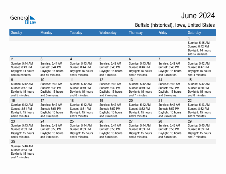 Buffalo (historical) June 2024 sunrise and sunset calendar in PDF, Excel, and Word