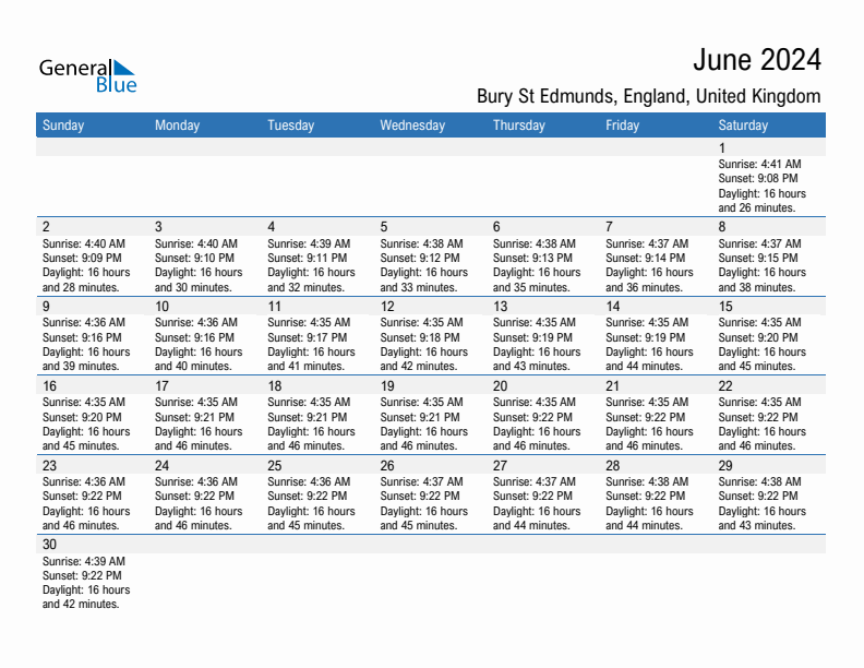 Bury St Edmunds June 2024 sunrise and sunset calendar in PDF, Excel, and Word