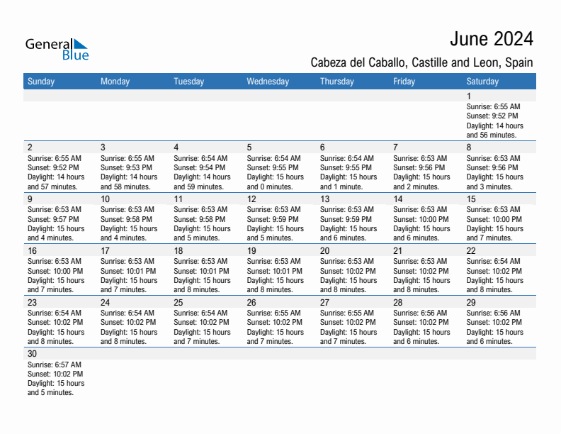 Cabeza del Caballo June 2024 sunrise and sunset calendar in PDF, Excel, and Word