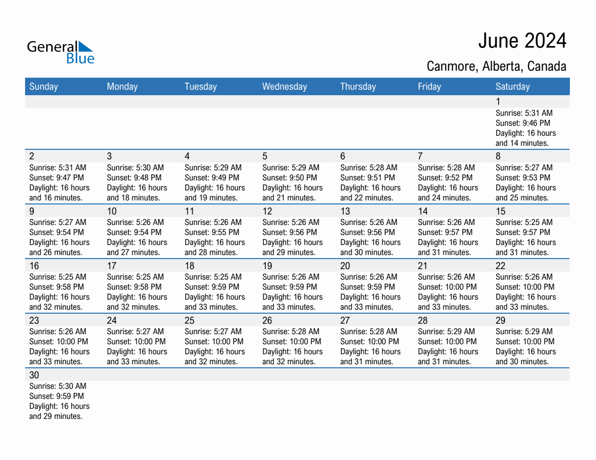 June 2024 sunrise and sunset calendar for Canmore