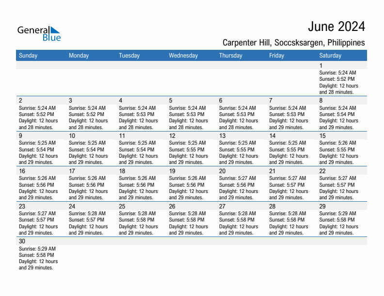 Carpenter Hill June 2024 sunrise and sunset calendar in PDF, Excel, and Word