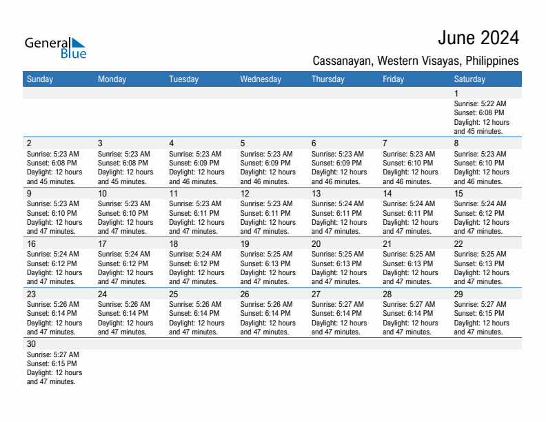 Cassanayan June 2024 sunrise and sunset calendar in PDF, Excel, and Word