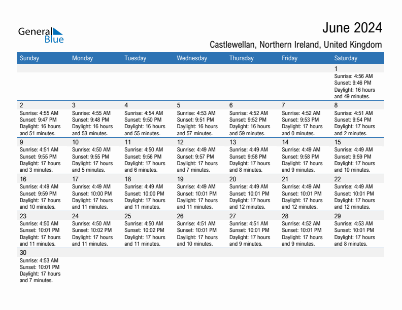 Castlewellan June 2024 sunrise and sunset calendar in PDF, Excel, and Word