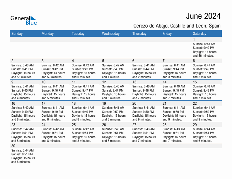 Cerezo de Abajo June 2024 sunrise and sunset calendar in PDF, Excel, and Word