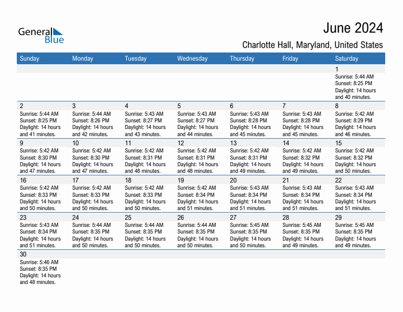 June 2024 Sunrise and Sunset Calendar for Charlotte Hall (PDF, Excel, Word)