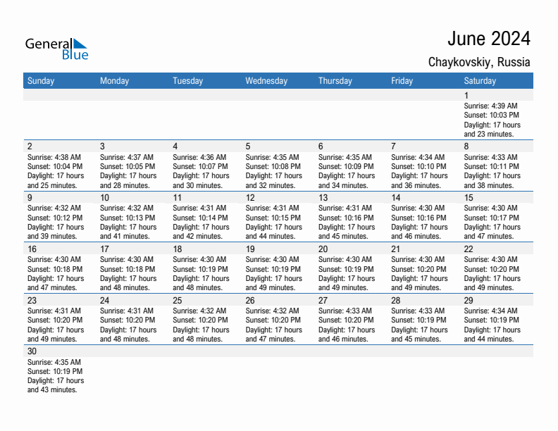 Chaykovskiy June 2024 sunrise and sunset calendar in PDF, Excel, and Word