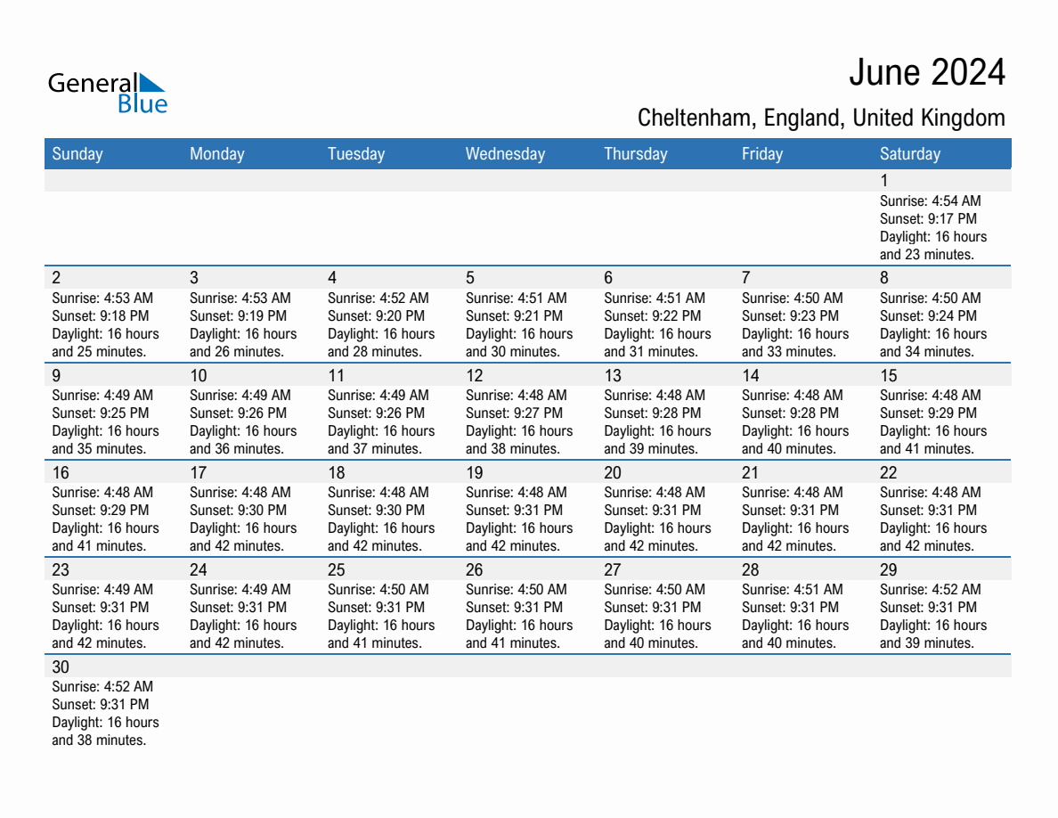 June 2024 Sunrise and Sunset Calendar for Cheltenham (PDF, Excel, Word)