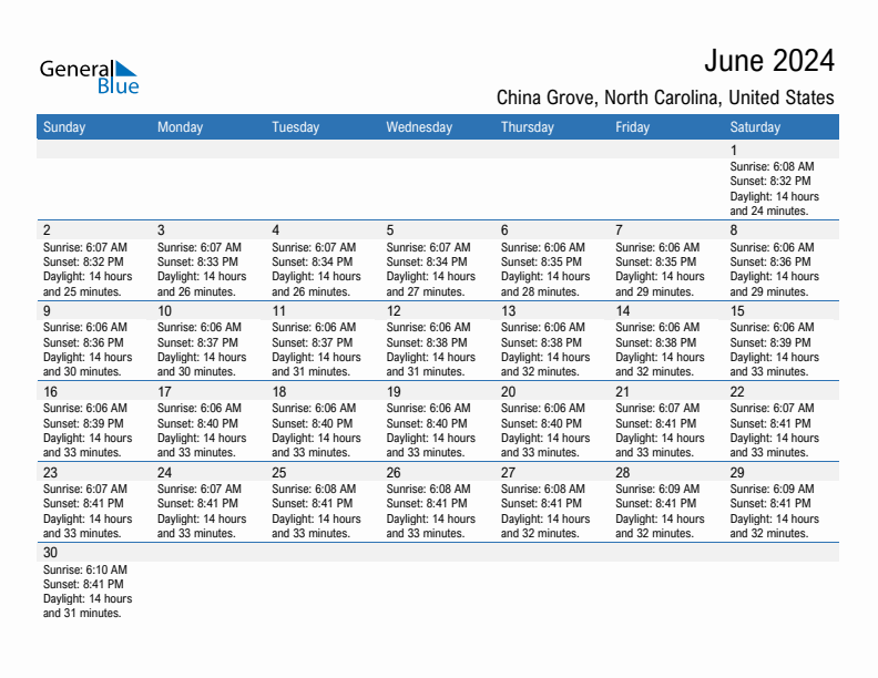 China Grove June 2024 sunrise and sunset calendar in PDF, Excel, and Word