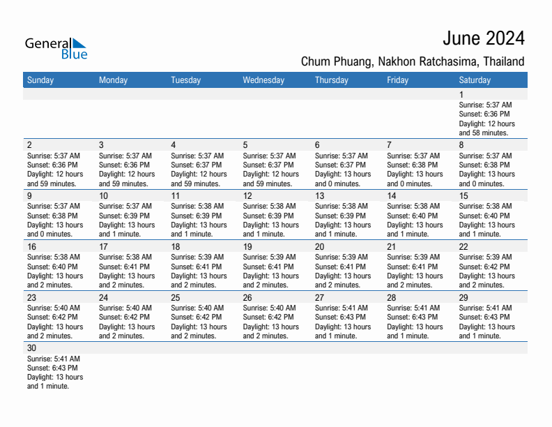 Chum Phuang June 2024 sunrise and sunset calendar in PDF, Excel, and Word