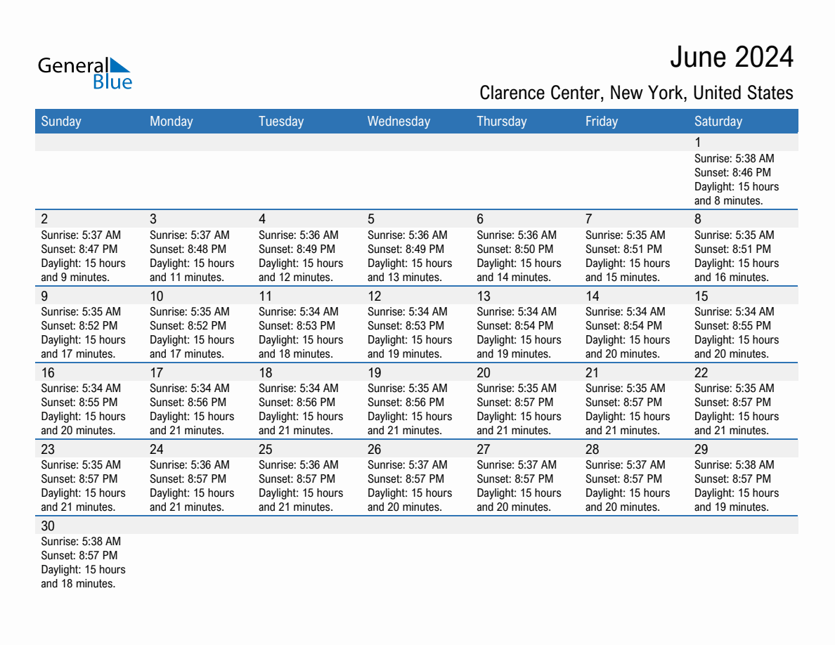 June 2024 sunrise and sunset calendar for Clarence Center