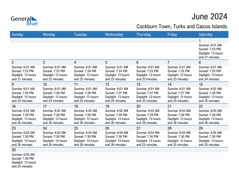 Cockburn Town June 2024 sunrise and sunset calendar in PDF, Excel, and Word