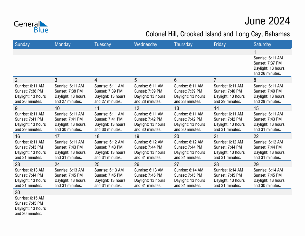 June 2024 sunrise and sunset calendar for Colonel Hill