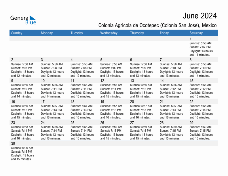 Colonia Agricola de Ocotepec (Colonia San Jose) June 2024 sunrise and sunset calendar in PDF, Excel, and Word