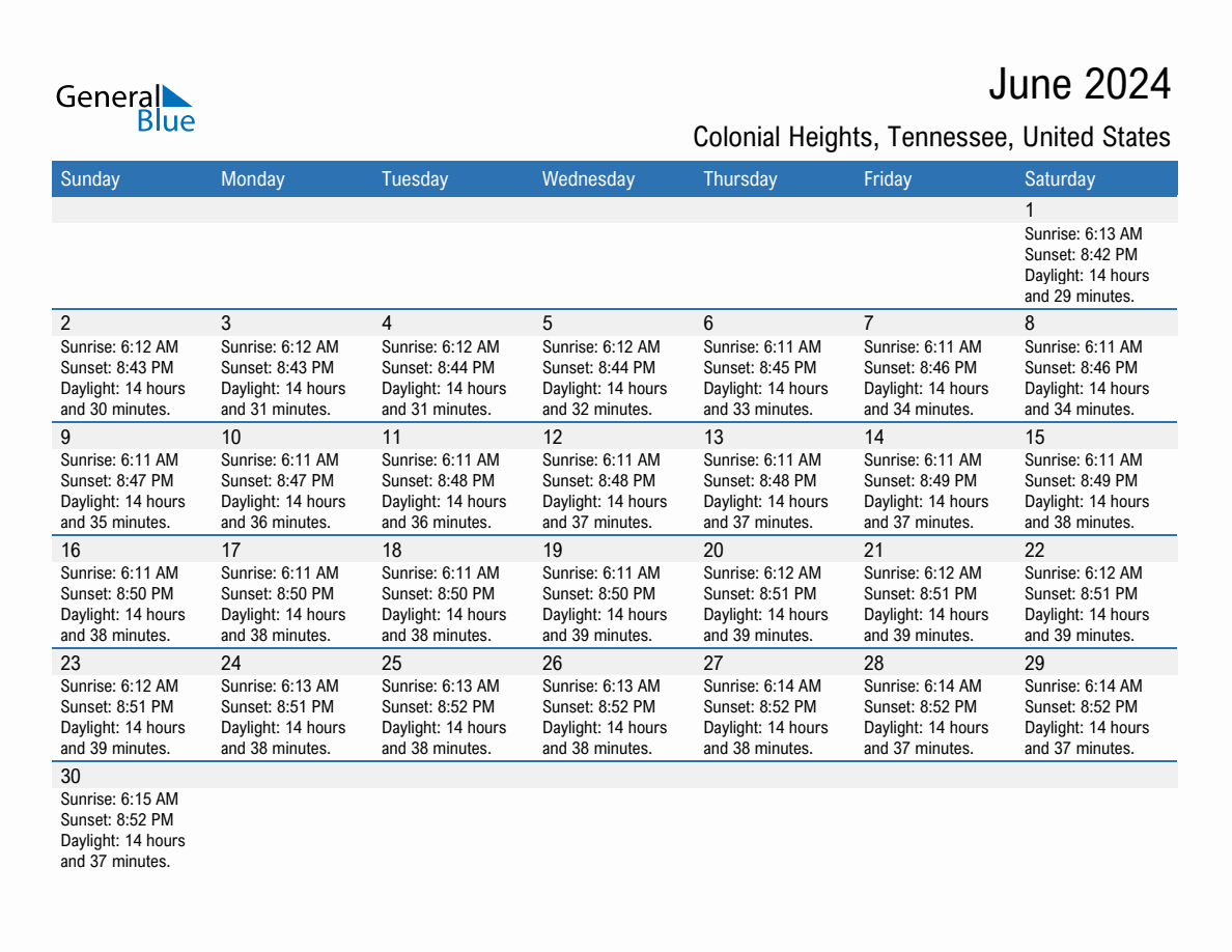 June 2024 sunrise and sunset calendar for Colonial Heights