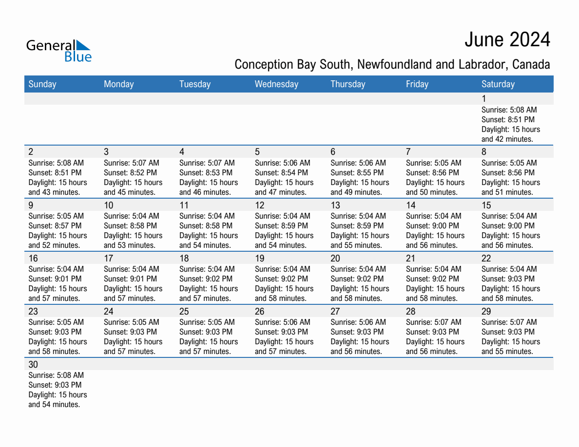 June 2024 sunrise and sunset calendar for Conception Bay South