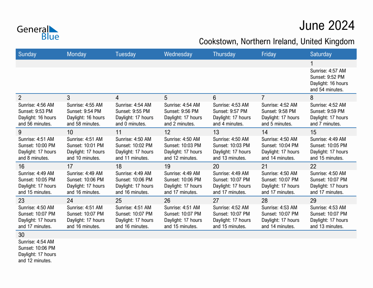 June 2024 sunrise and sunset calendar for Cookstown