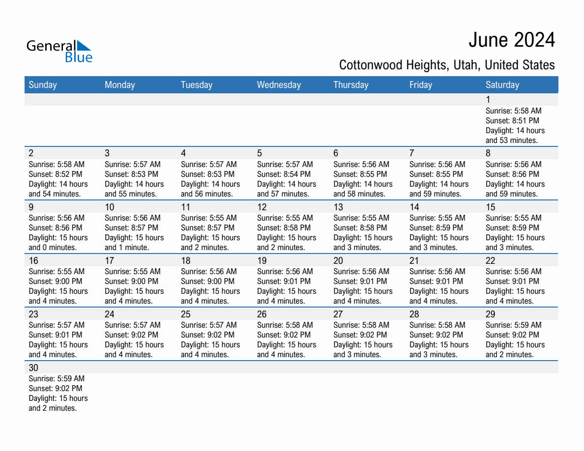 June 2024 sunrise and sunset calendar for Cottonwood Heights