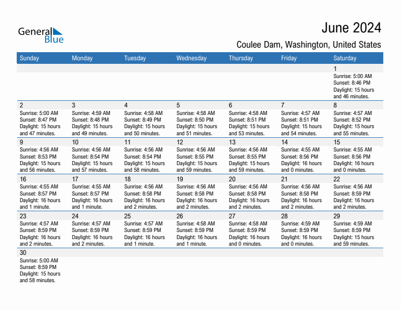 Coulee Dam June 2024 sunrise and sunset calendar in PDF, Excel, and Word