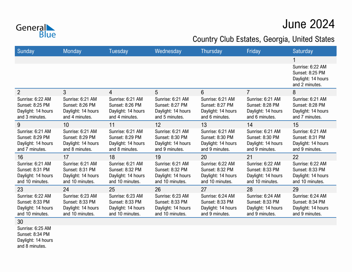June 2024 sunrise and sunset calendar for Country Club Estates