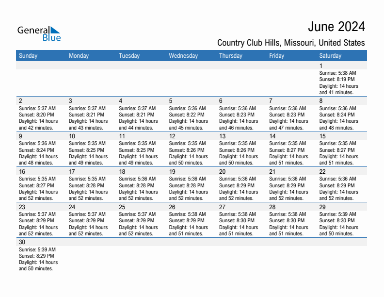 Country Club Hills June 2024 sunrise and sunset calendar in PDF, Excel, and Word