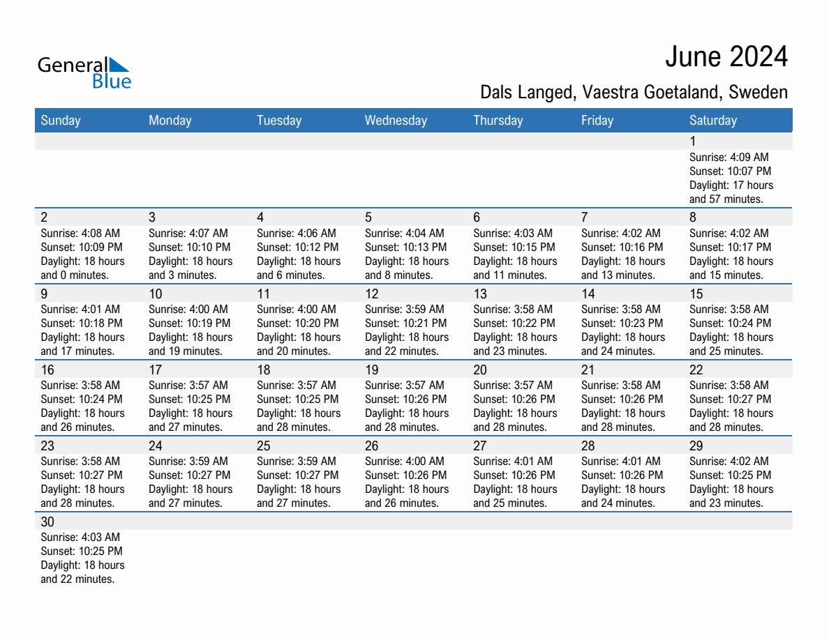 June 2024 sunrise and sunset calendar for Dals Langed
