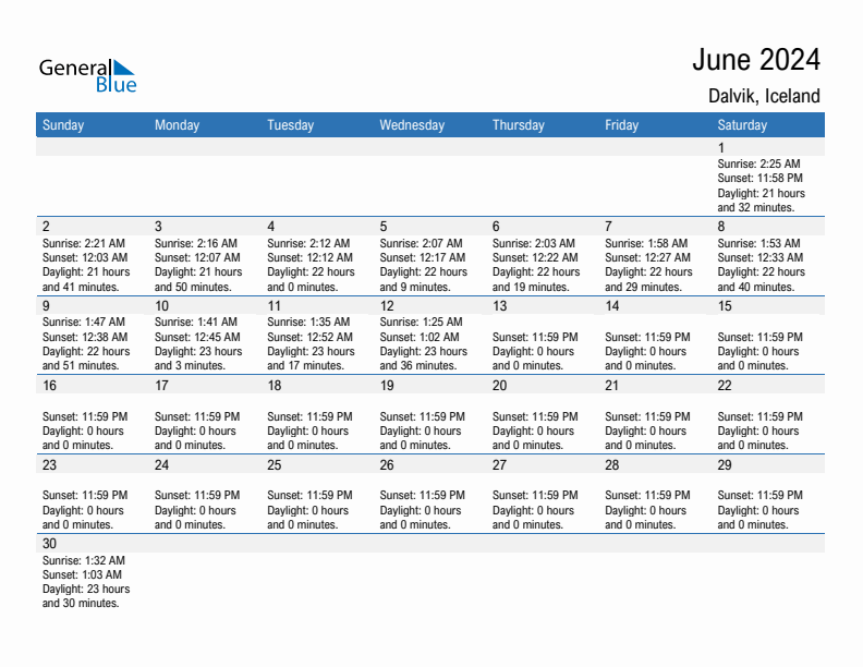 Dalvik June 2024 sunrise and sunset calendar in PDF, Excel, and Word