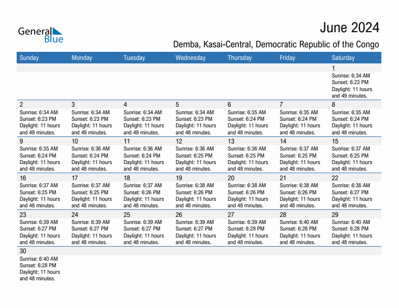 Demba June 2024 sunrise and sunset calendar in PDF, Excel, and Word