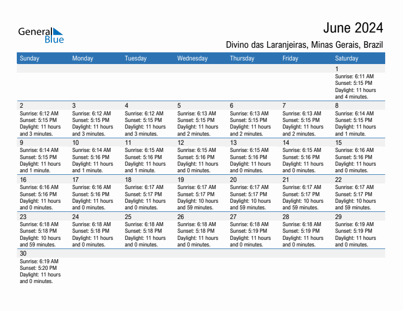 Divino das Laranjeiras June 2024 sunrise and sunset calendar in PDF, Excel, and Word