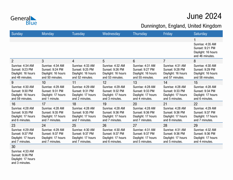 Dunnington June 2024 sunrise and sunset calendar in PDF, Excel, and Word