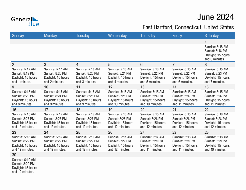 East Hartford June 2024 sunrise and sunset calendar in PDF, Excel, and Word