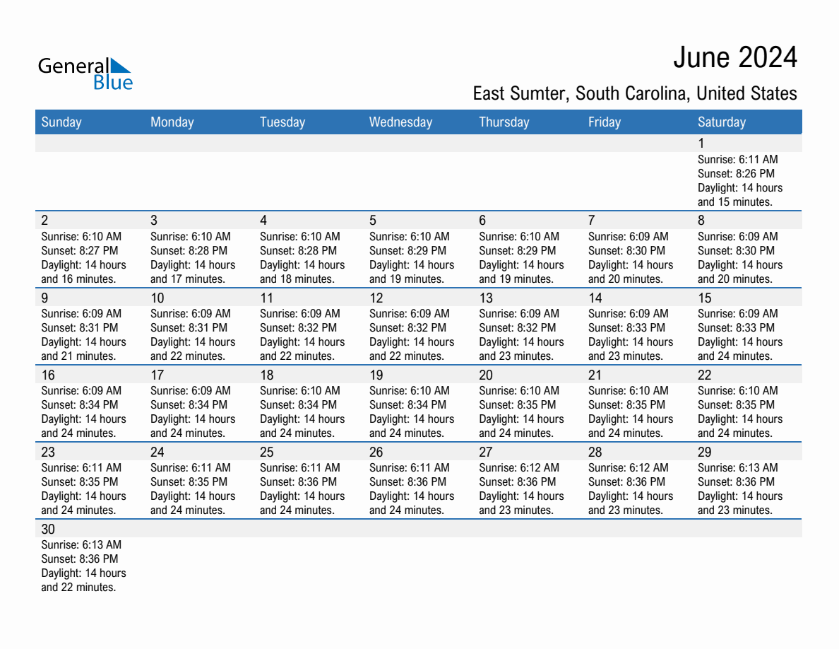 June 2024 Sunrise and Sunset Calendar for East Sumter (PDF, Excel, Word)