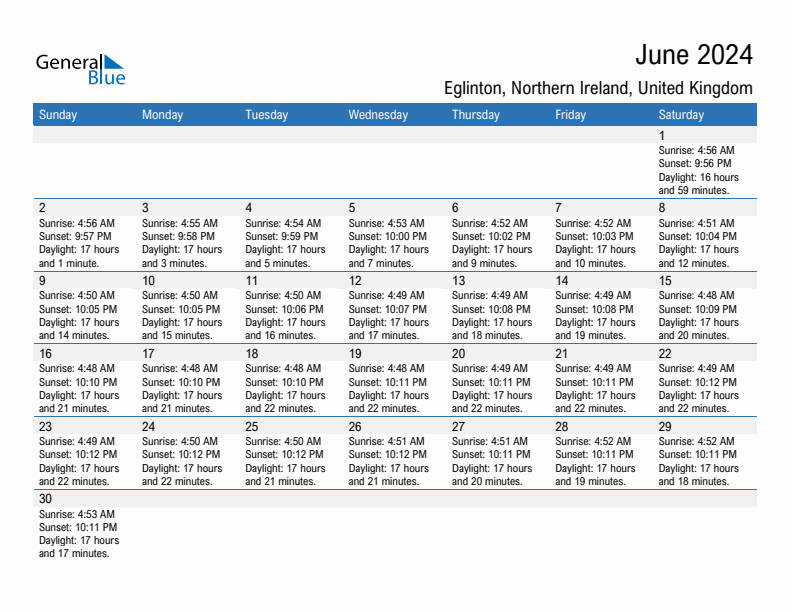 Eglinton June 2024 sunrise and sunset calendar in PDF, Excel, and Word