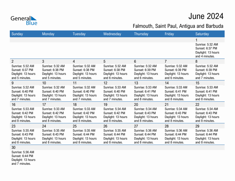 Falmouth June 2024 sunrise and sunset calendar in PDF, Excel, and Word