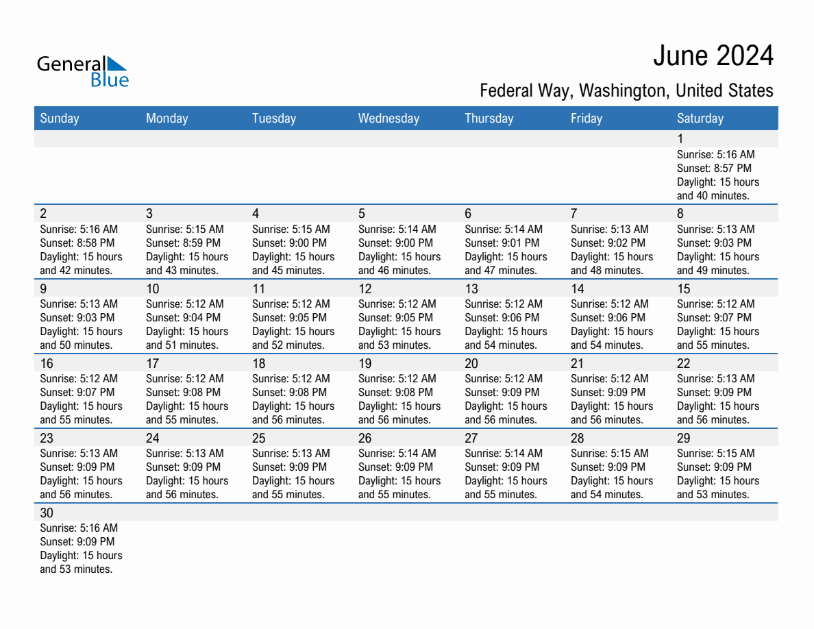 June 2024 sunrise and sunset calendar for Federal Way