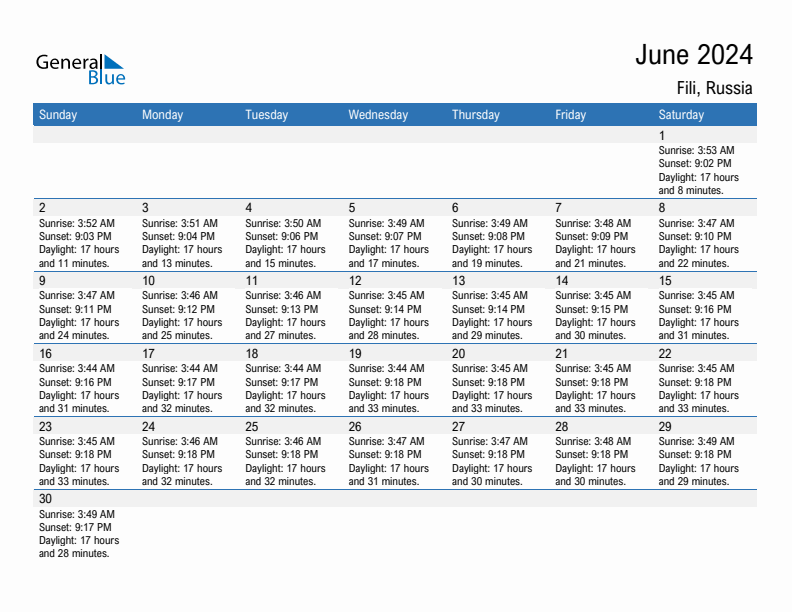 Fili June 2024 sunrise and sunset calendar in PDF, Excel, and Word